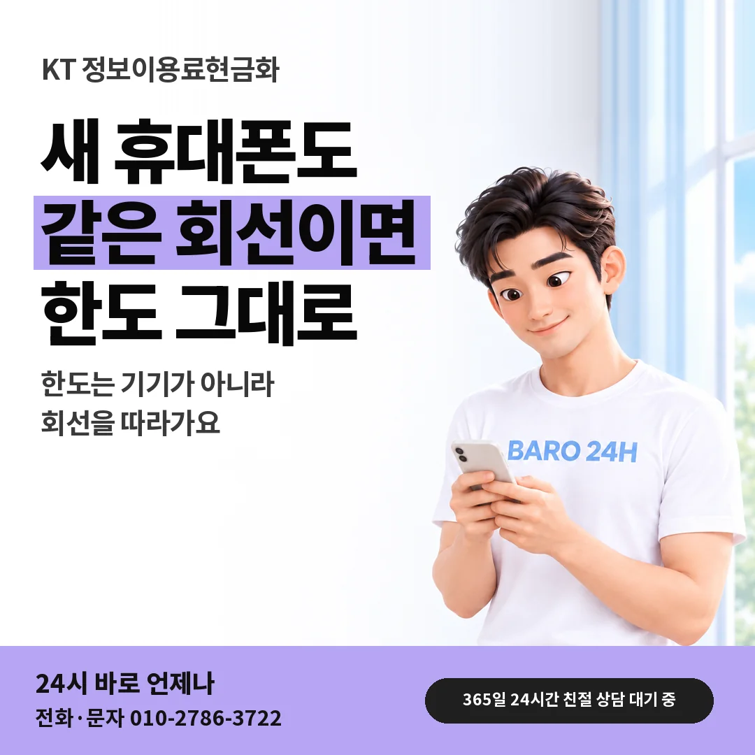 BARO 24H 티셔츠를 입은 3D 인물 옆에 「KT 기기 바꾼 뒤 회선 한도」 제목을 얹은 안내 카드