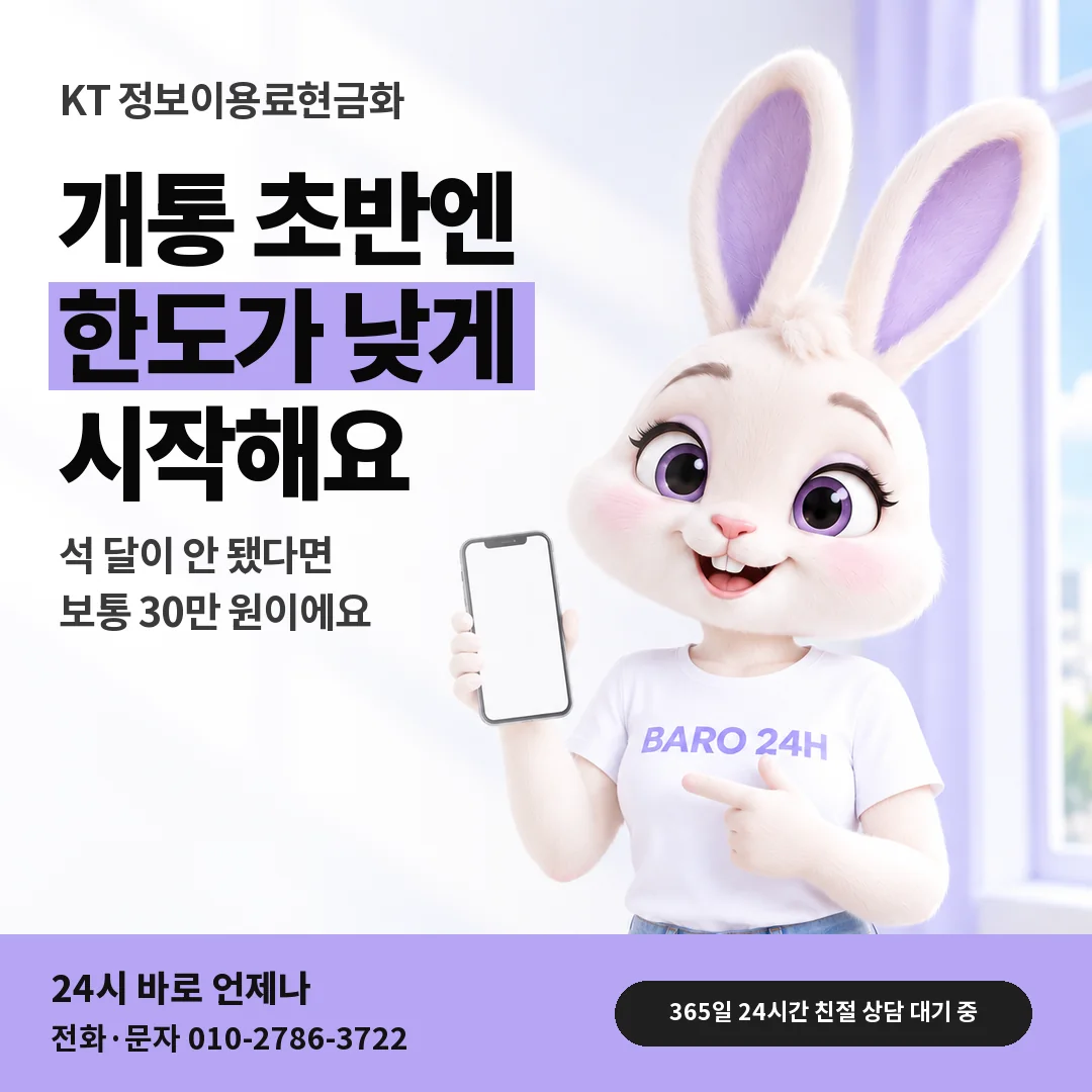 BARO 24H 티셔츠를 입은 3D 토끼 캐릭터 옆에 「KT 가입 초반 한도 안내」 제목을 얹은 안내 카드