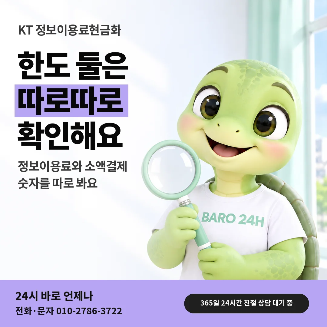 돋보기를 든 BARO 24H 티셔츠를 입은 3D 거북이 캐릭터 옆에 「KT 두 한도 각각 확인」 제목을 얹은 안내 카드